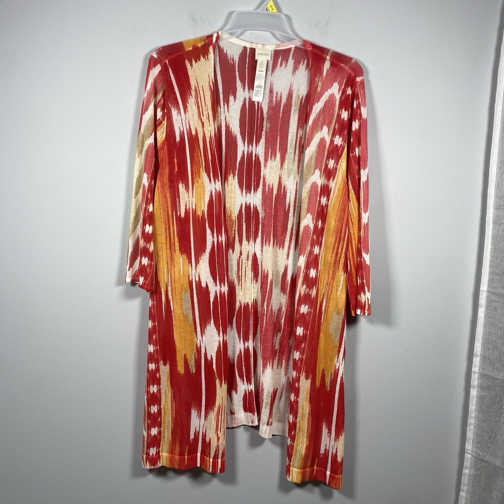 Chico's Cardigan Women's 3 XL Red Orange Side Slits Open Front 3/4 Sleeve‎ Artsy